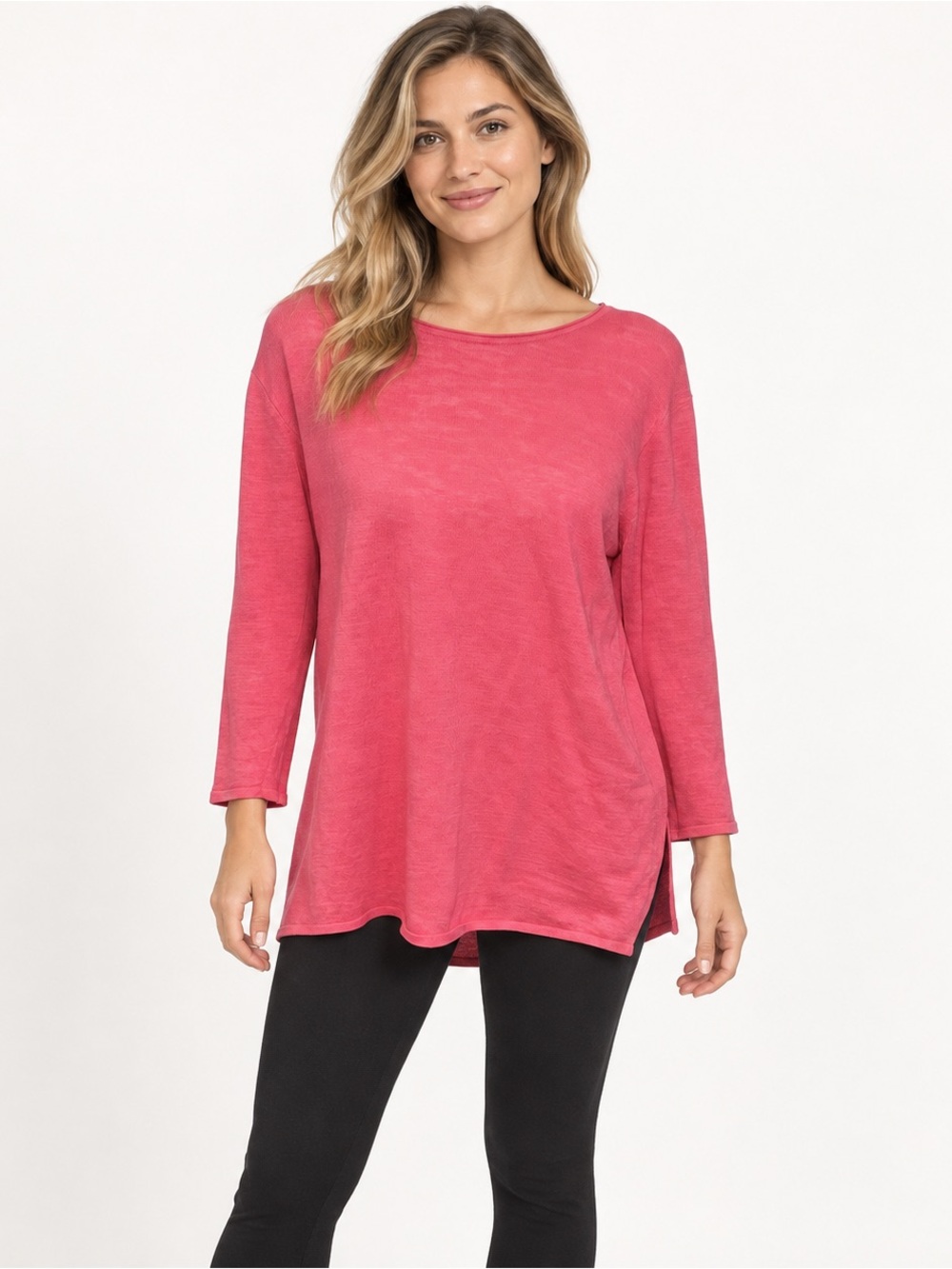 Pink linen cotton slub knit 3/4 sleeve top quiet luxury
